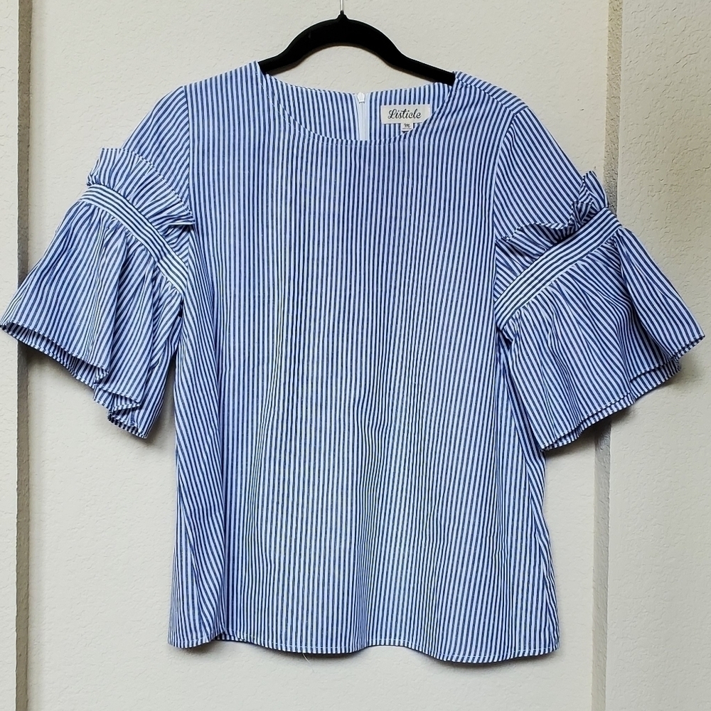 Listicle Women's Blue Stripe Cotton Top Flared Sleeves Size M